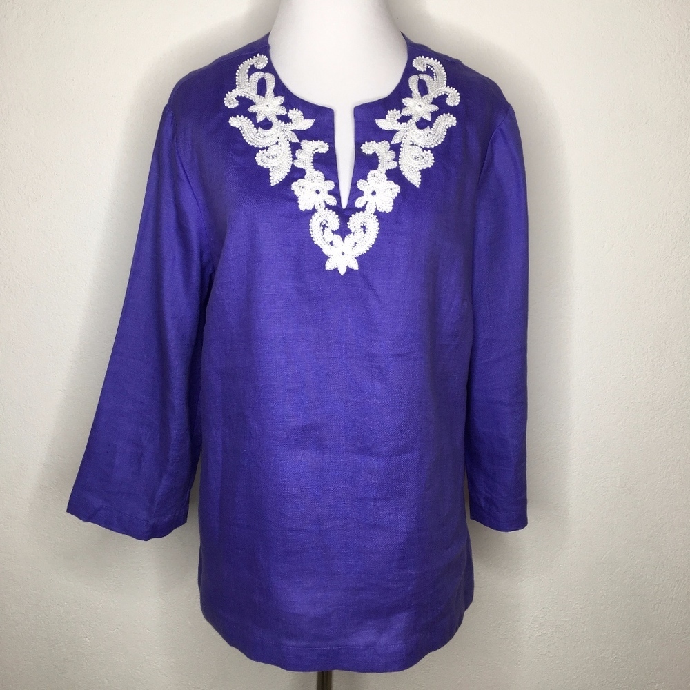 Talbots Medium Petite Linen V Neck Blouse Blue